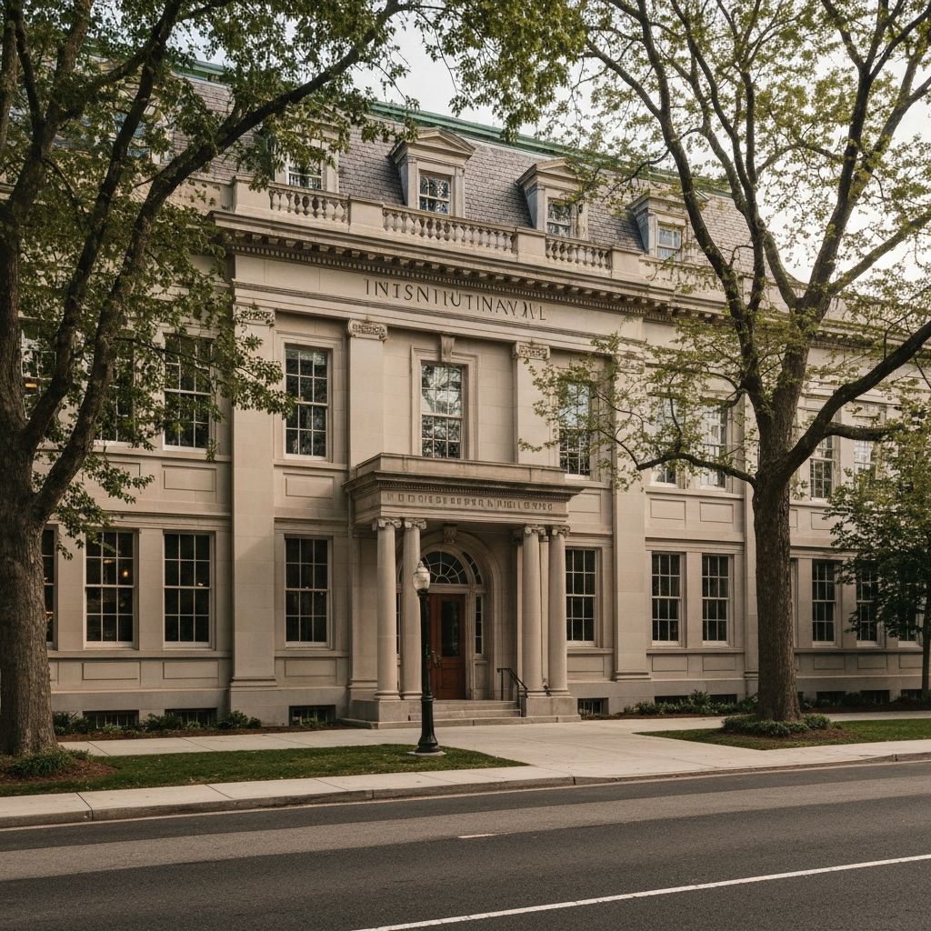 Gedung institusional yang megah dikelilingi pohon-pohon tua
