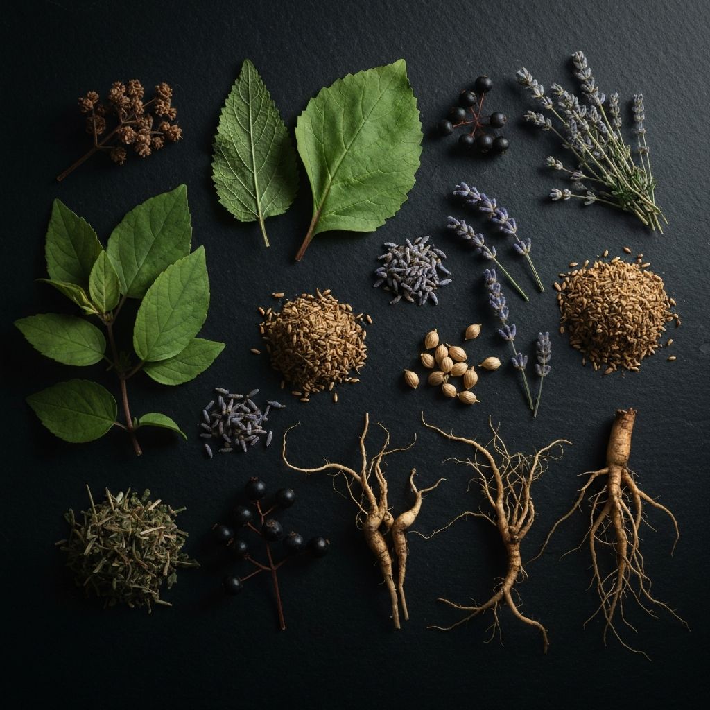 Ramuan dan tanaman alami di atas permukaan batu gelap